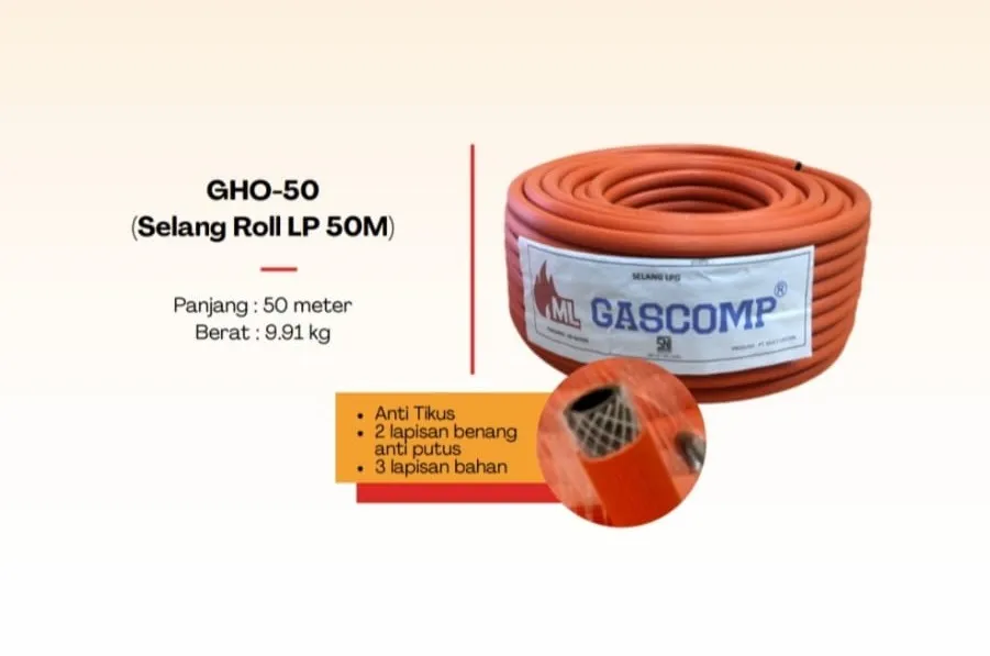 selang gas 3 lapis gascomp orange 50 m rp. 450,000