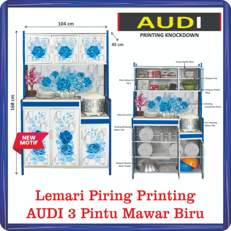 lemari piring printing audi 3 pintu mawar biru