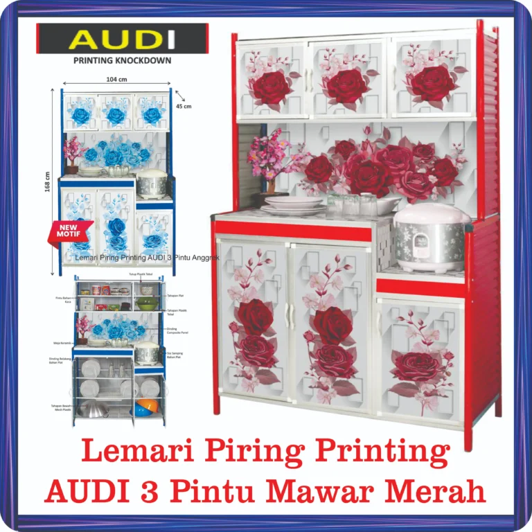 lemari piring printing audi 3 pintu mawar merah
