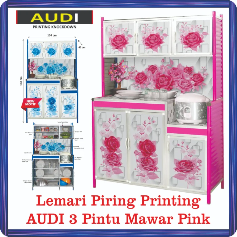 lemari piring printing audi 3 pintu mawar pink