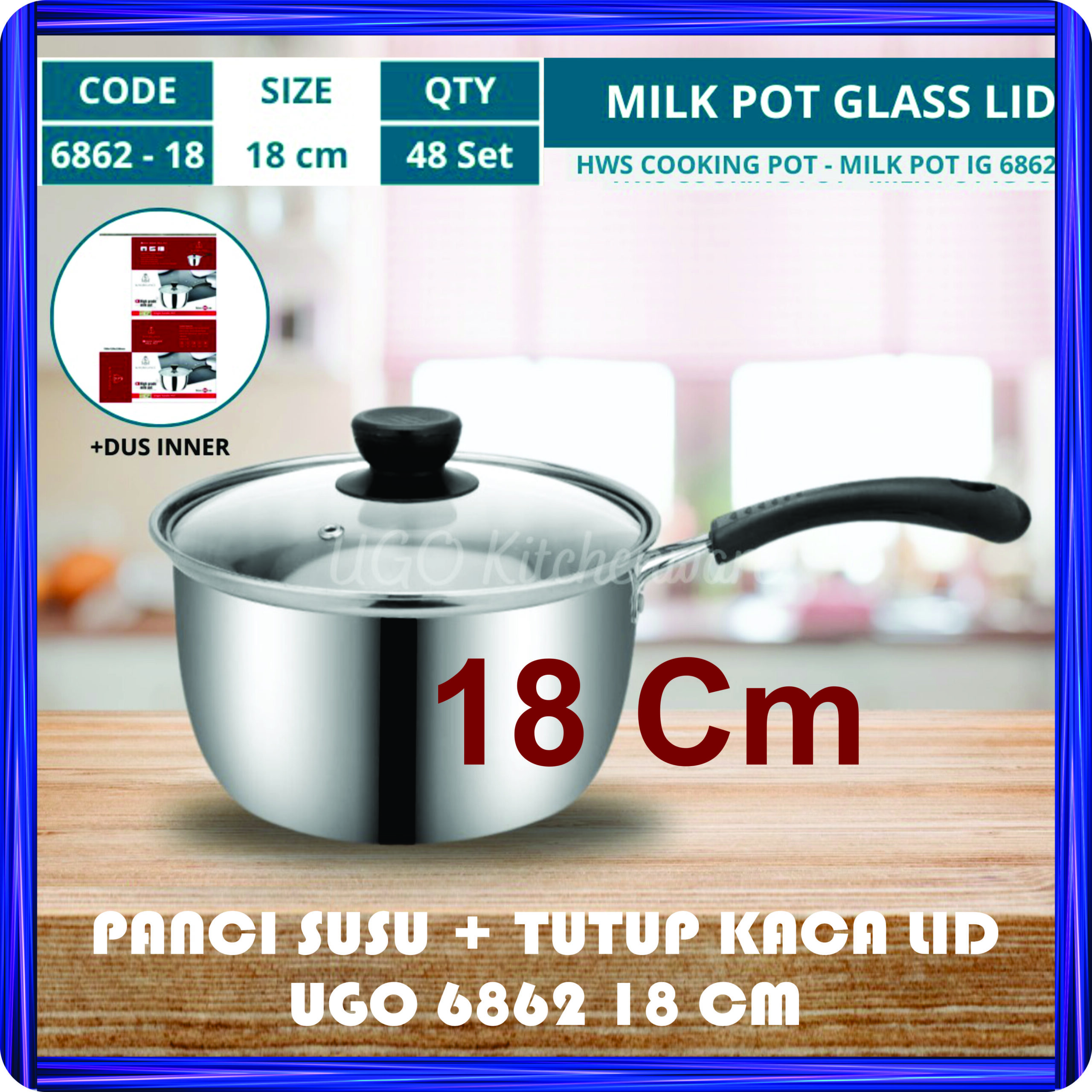 panci susu + tutup kaca lid ugo 6862 18 cm